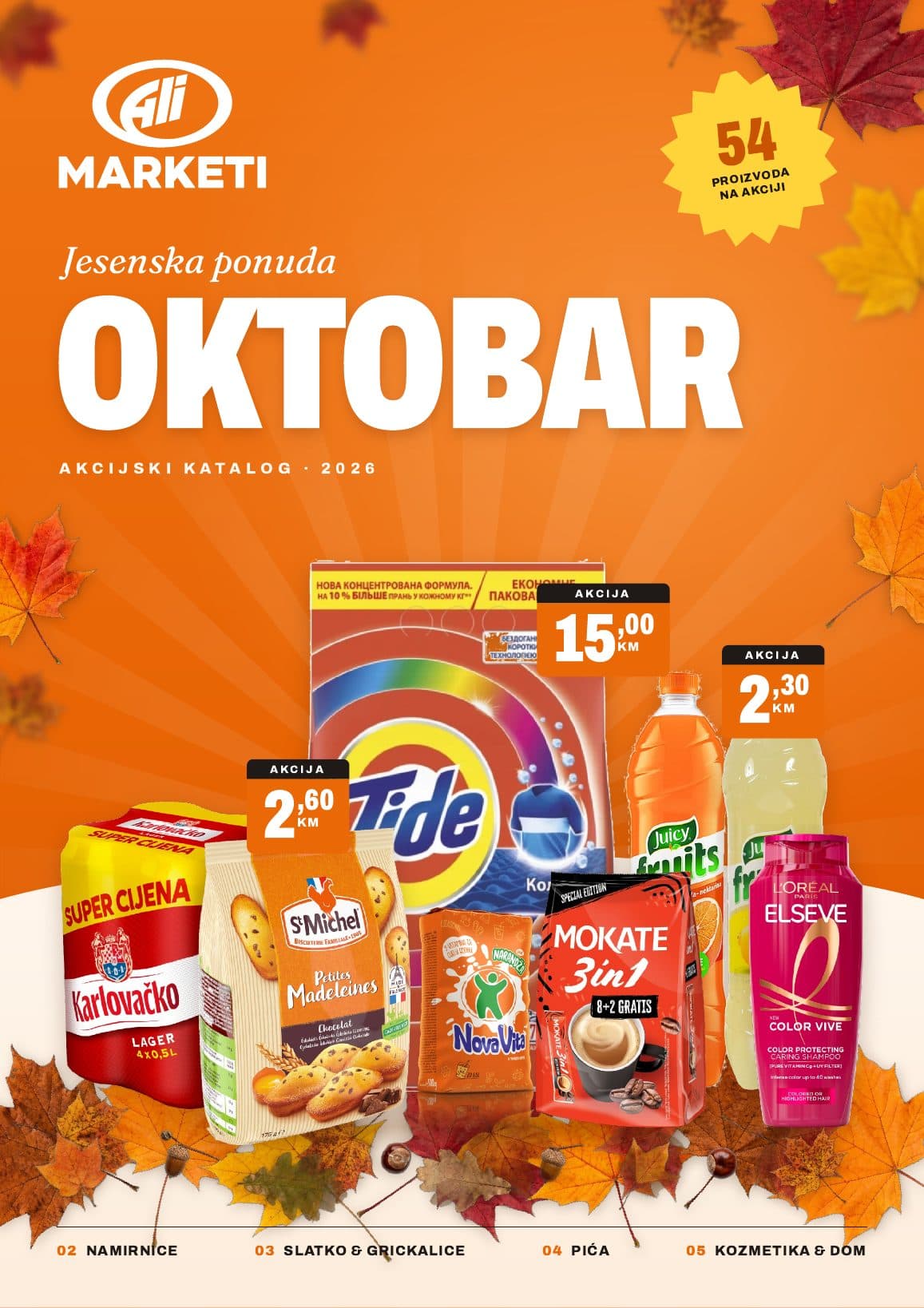 Naslovnica oktobarske ponude: Karlovačko, madeleines, Tide, Mokate i Elseve.